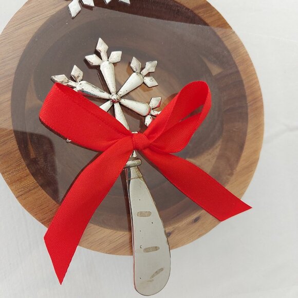 Acacia Wooden Dipping Bowl w Spreader Christmas Winter Set *NEW Open Box - Picture 2 of 10